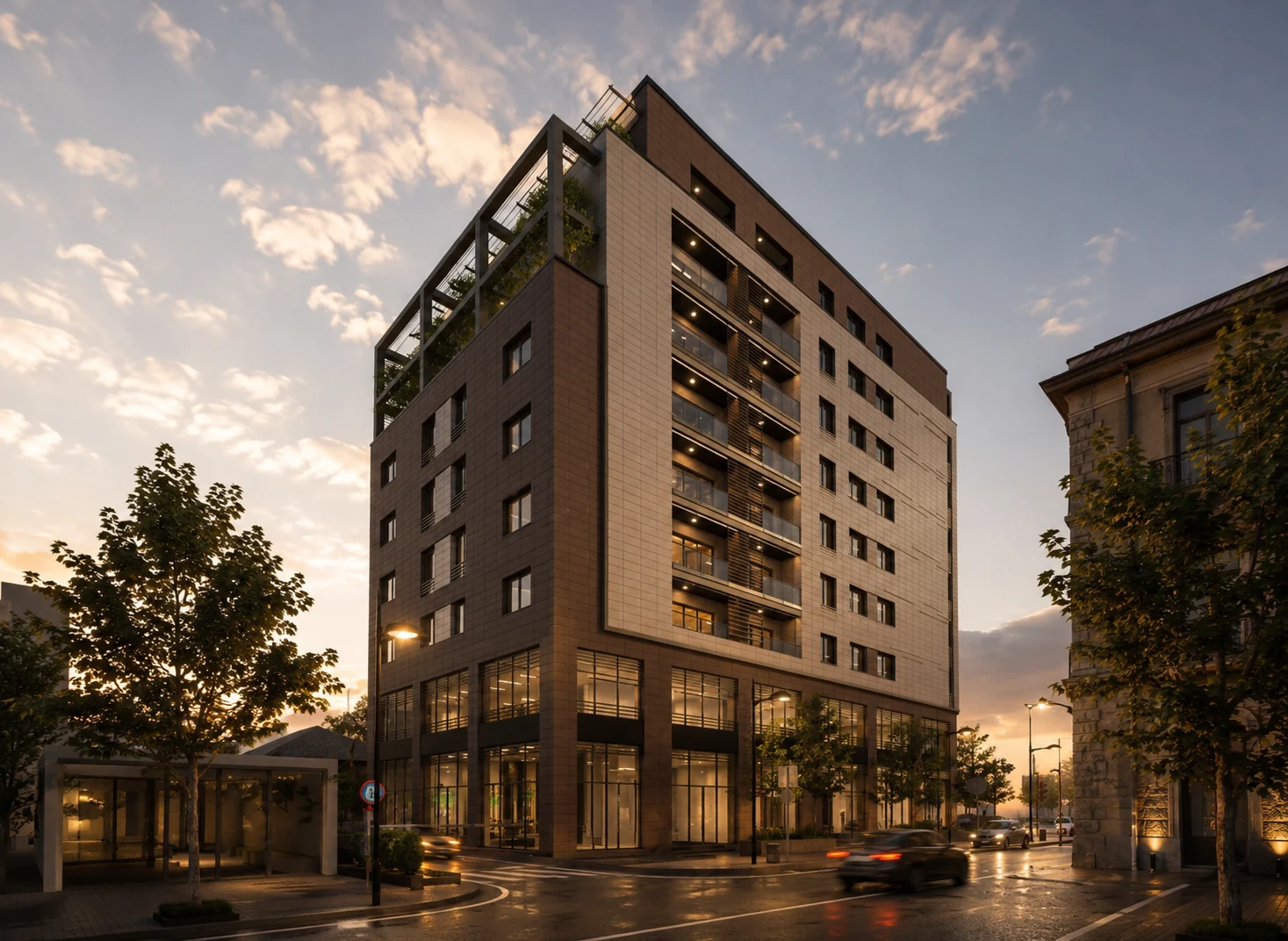 Perlat Rexhepi residential development at dusk, Tirana